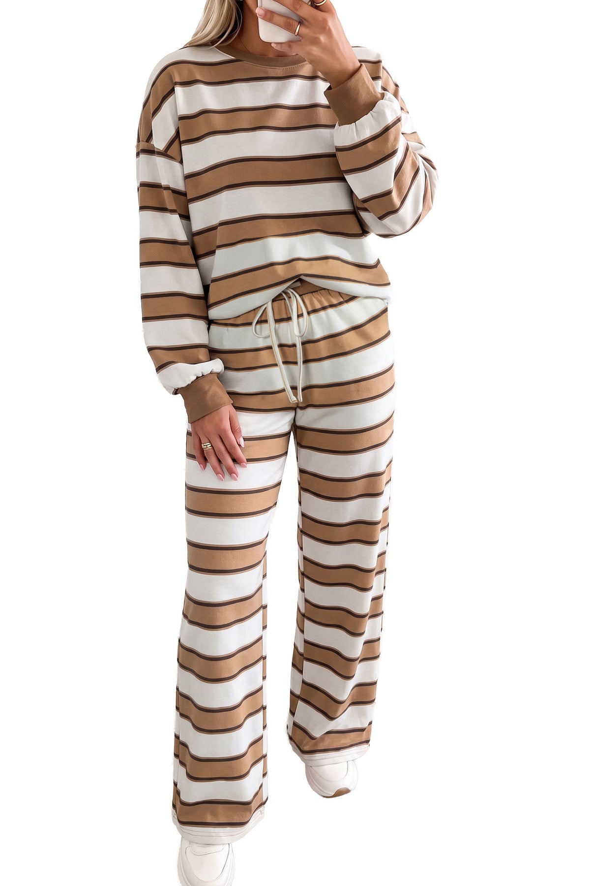 Khaki Stripe Contrast-Trim Pant Set