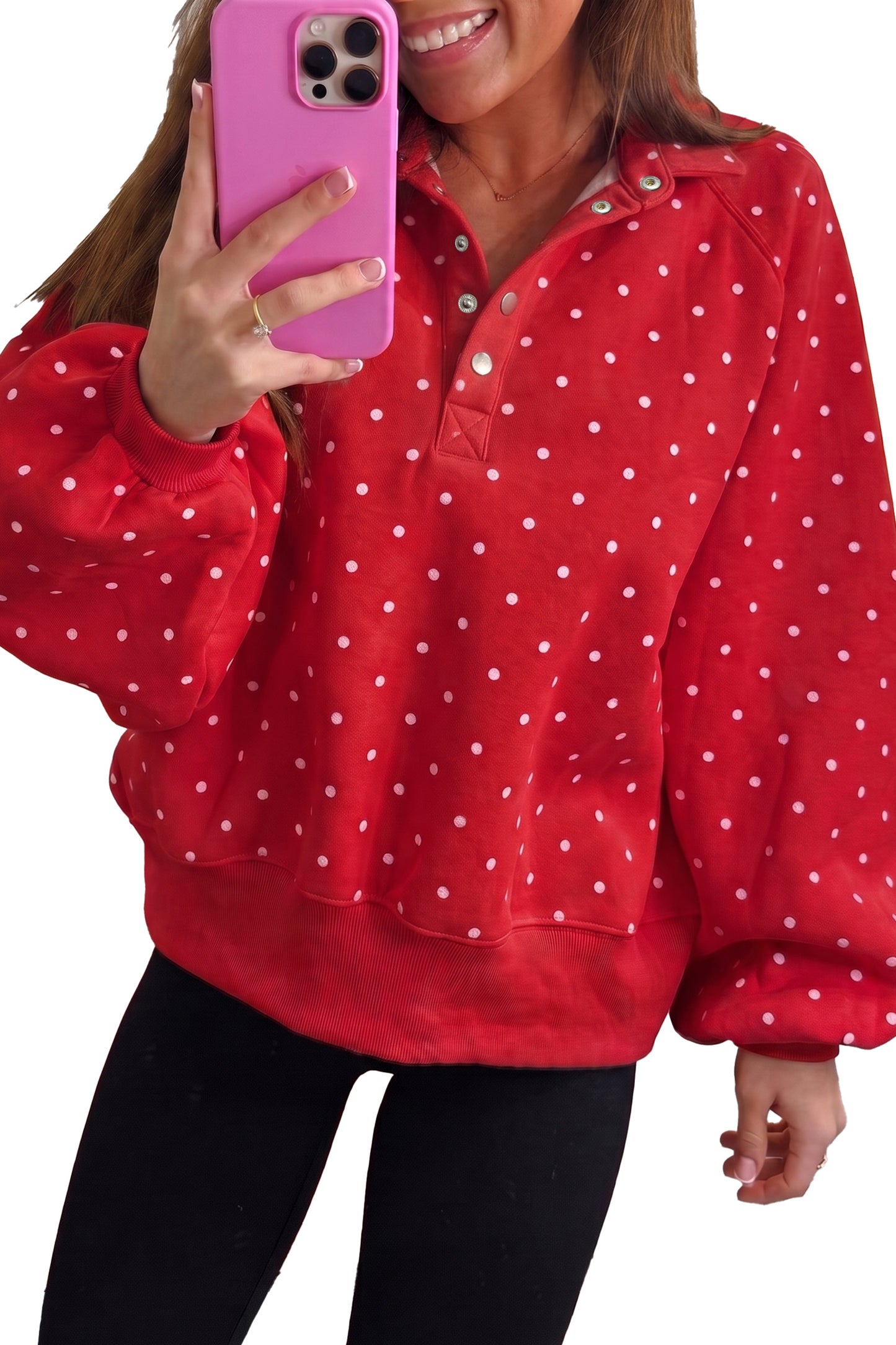 Merry Dot Button-Collar Sweatshirt