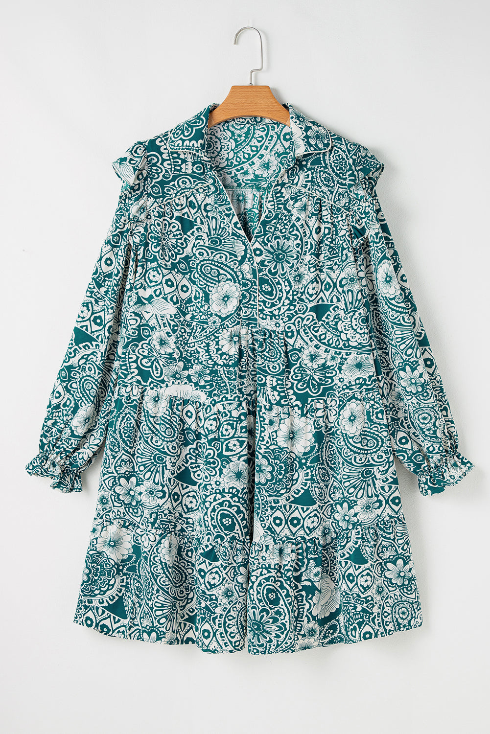 Green Floral Flounce-Sleeve Dress