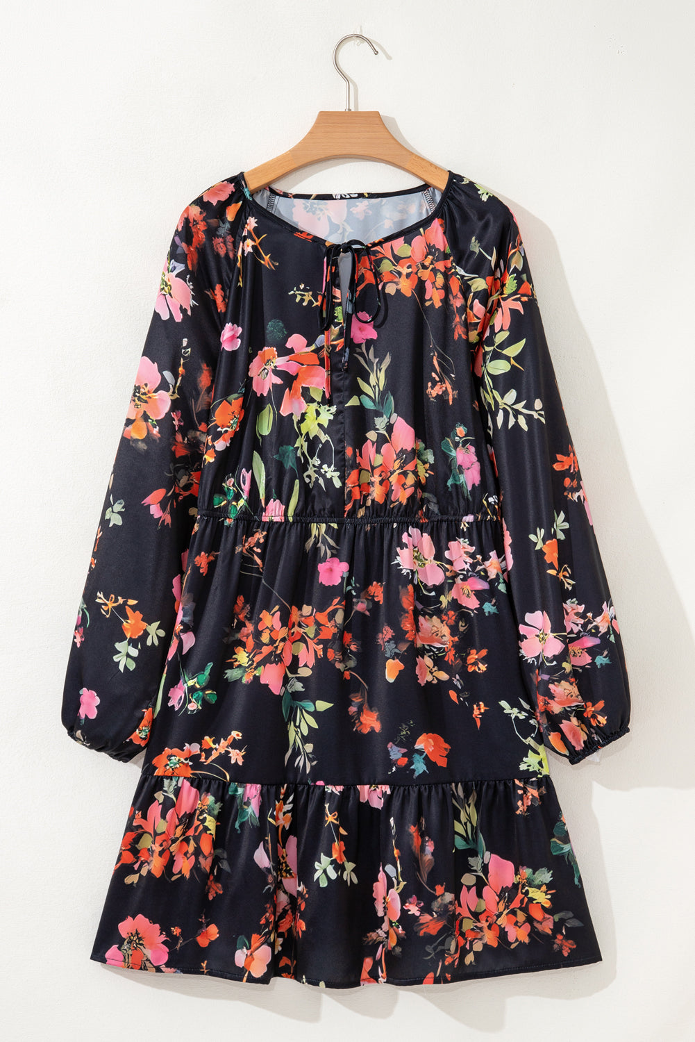 Black Floral Tie-Neck Mini Dress