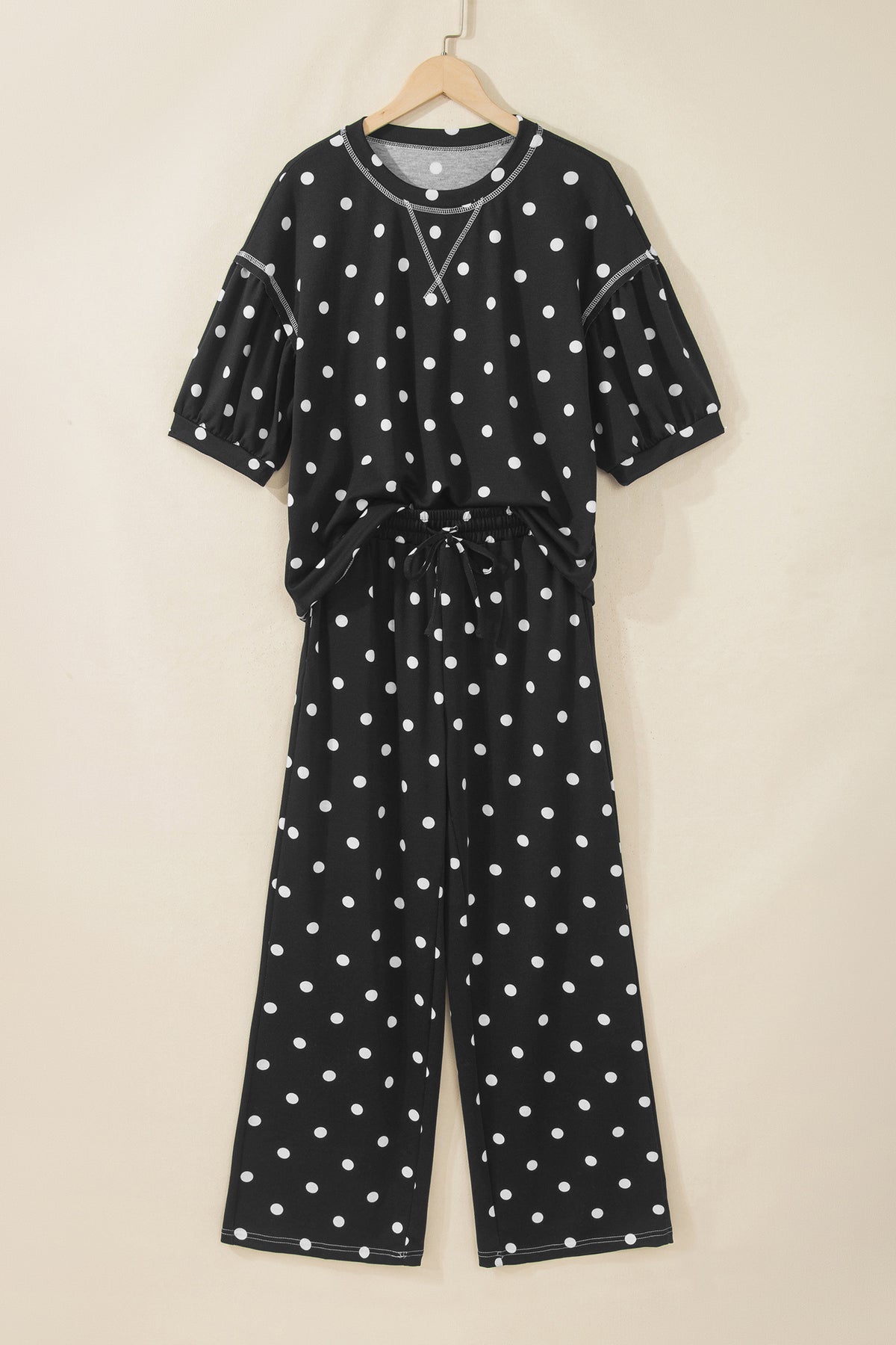 Beige Polka Dot Half Sleeve Loose Top Elastic Waist Casual Pants Set