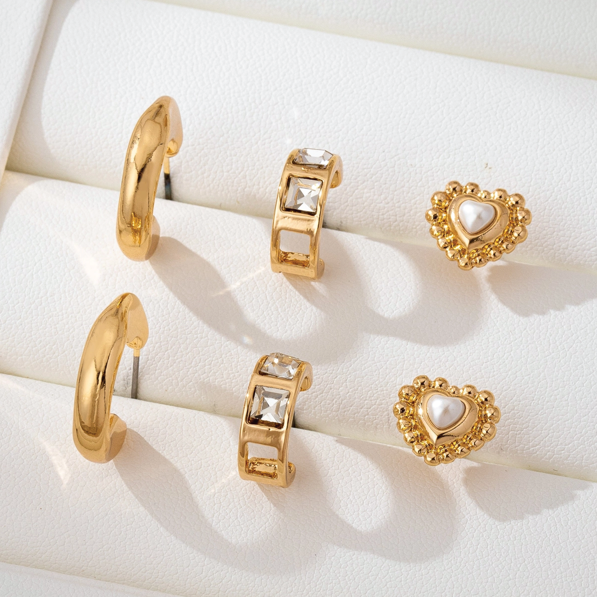 Pearl Heart & Rhinestone Huggie Hoop Trio
