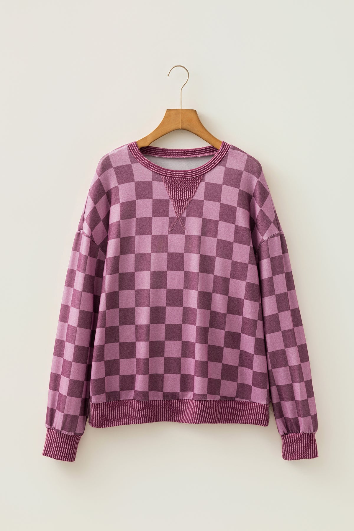 Red Check Ribbed-Trim Pullover