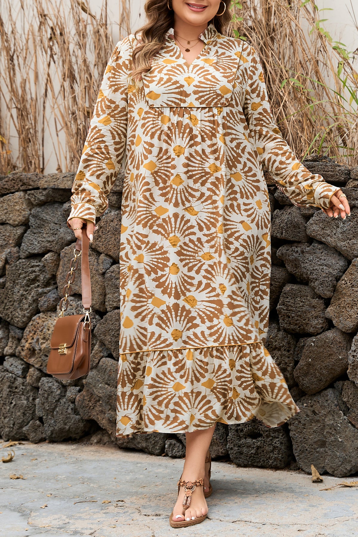 Khaki Abstract Botanical Maxi Dress