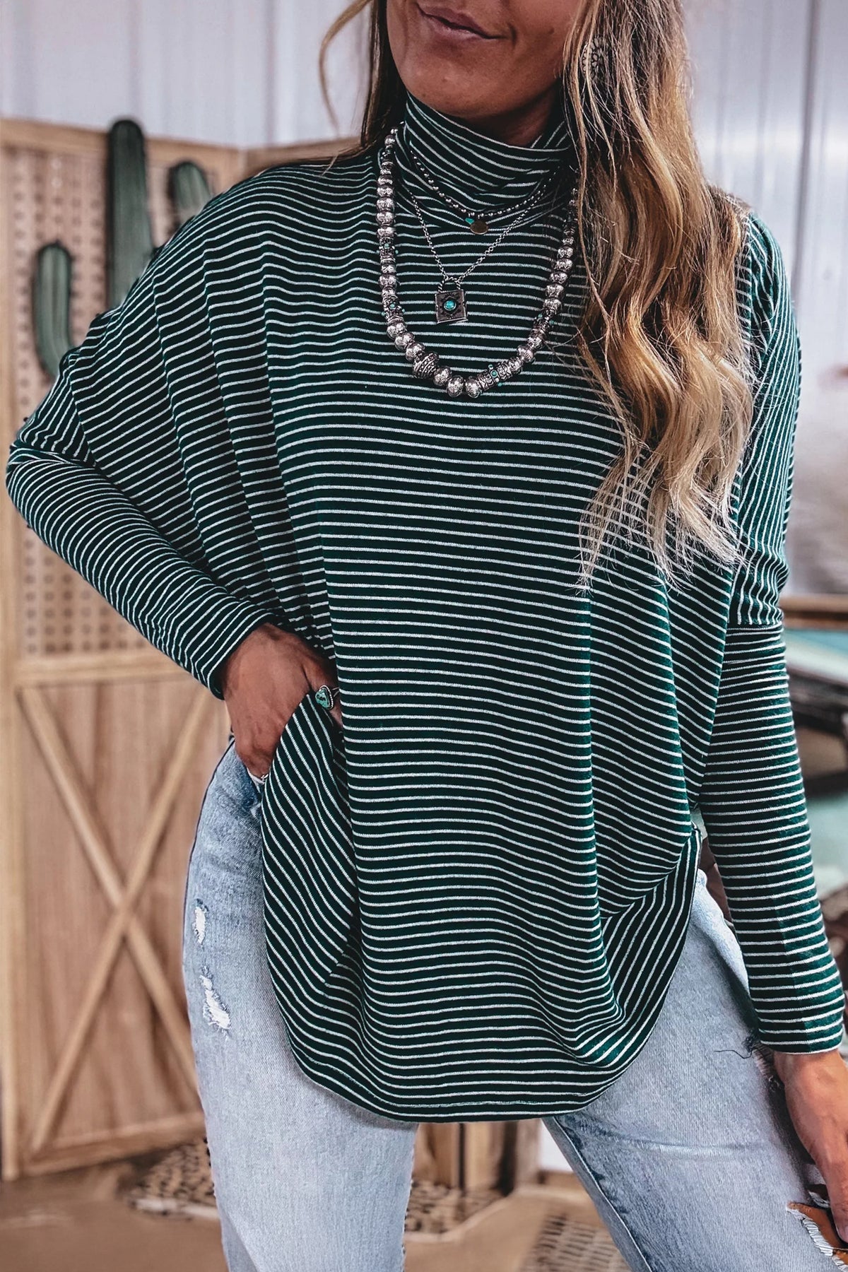 Striped High-Neck Drop-Shoulder Top