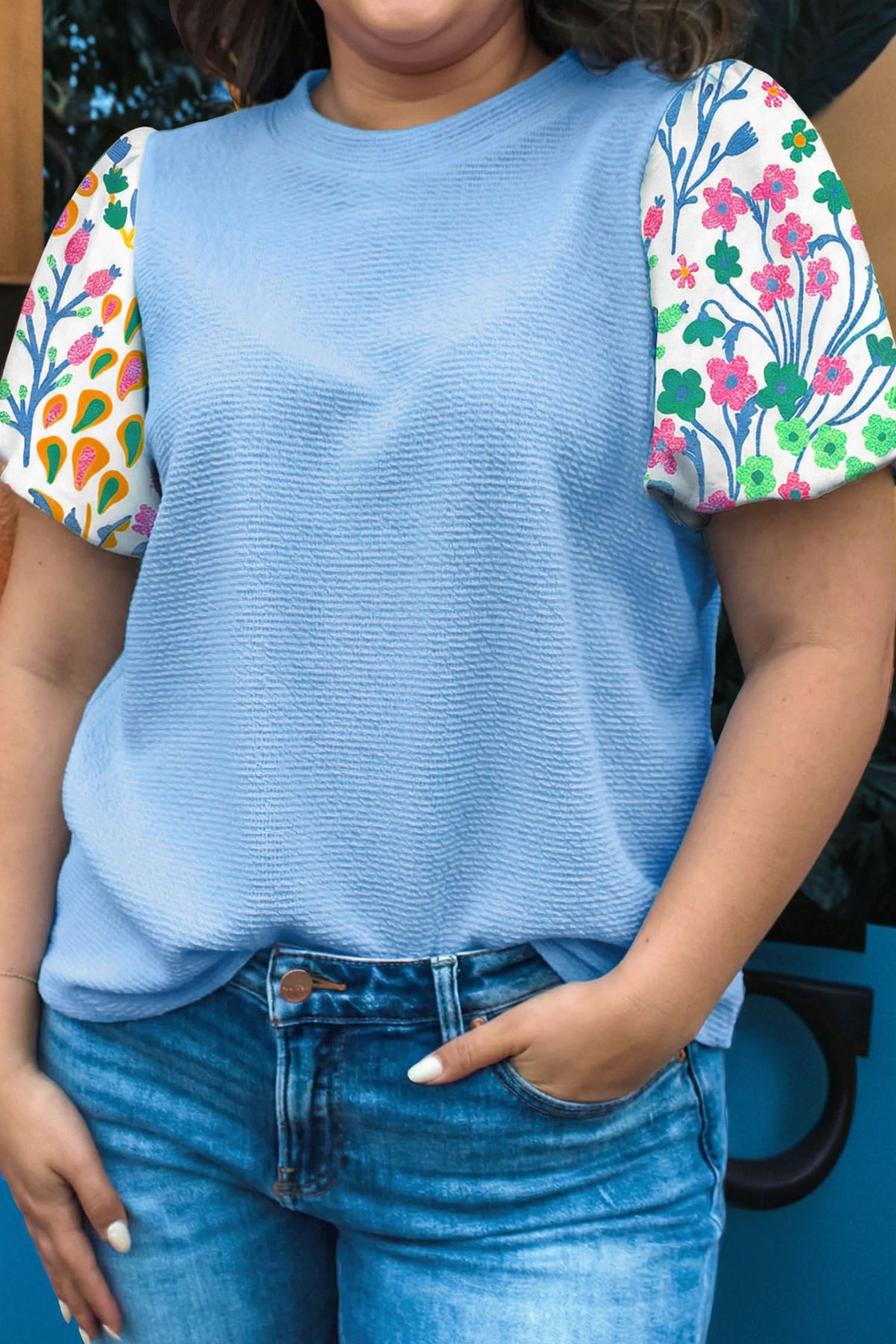 Floral-Sleeve Textured Top