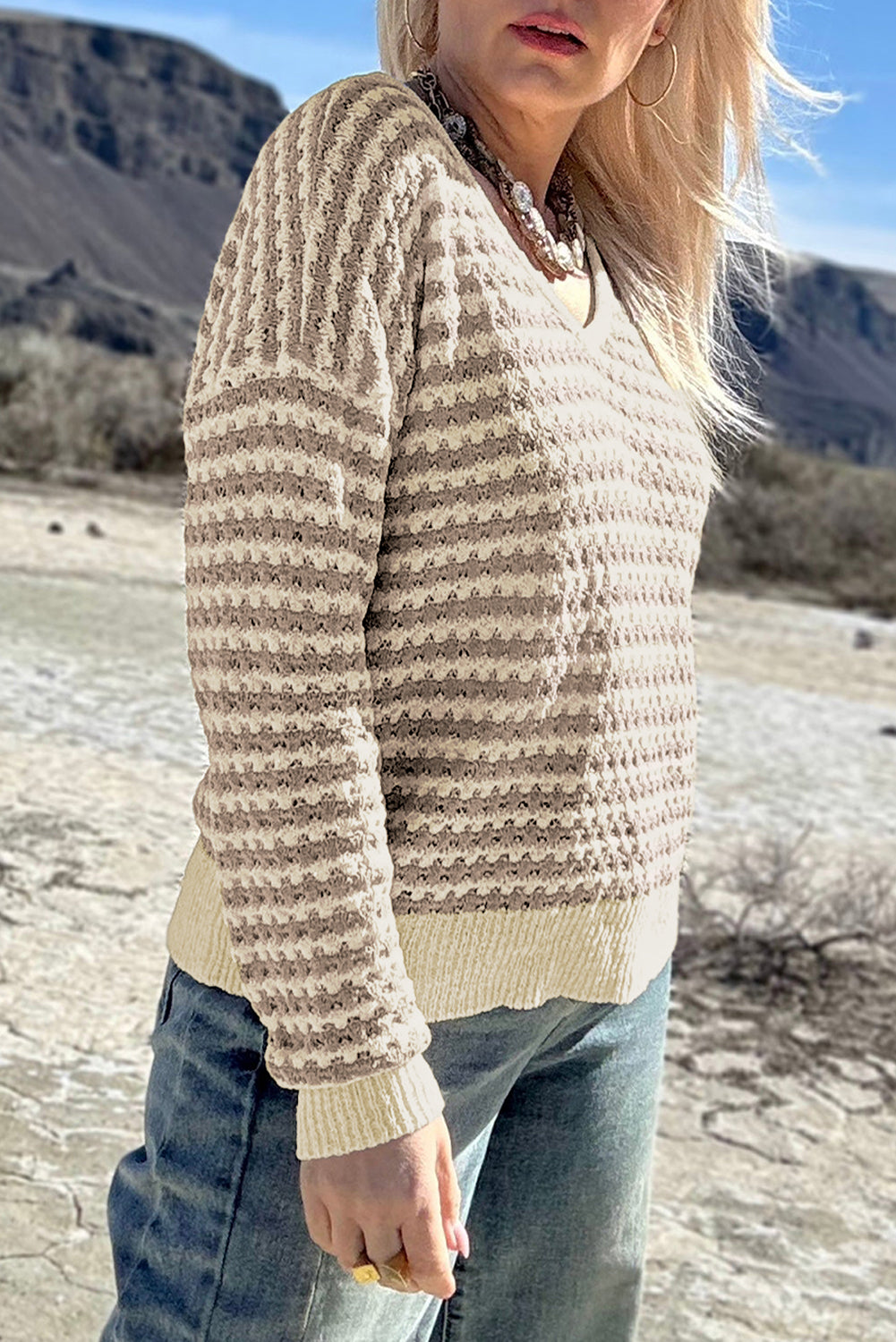 Khaki Stripe V-Neck Sweater
