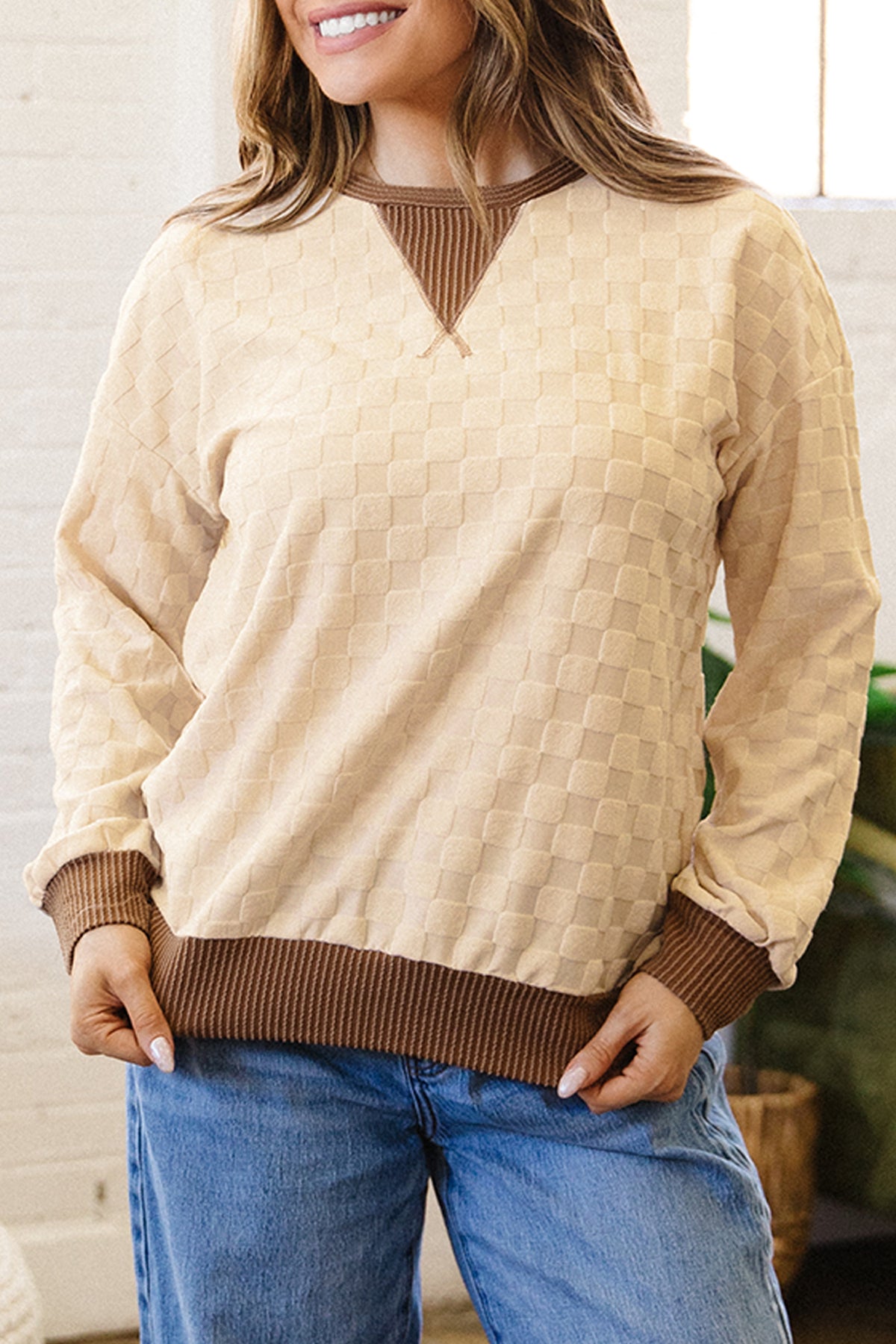 Parchment Check Contrast-Rib Top