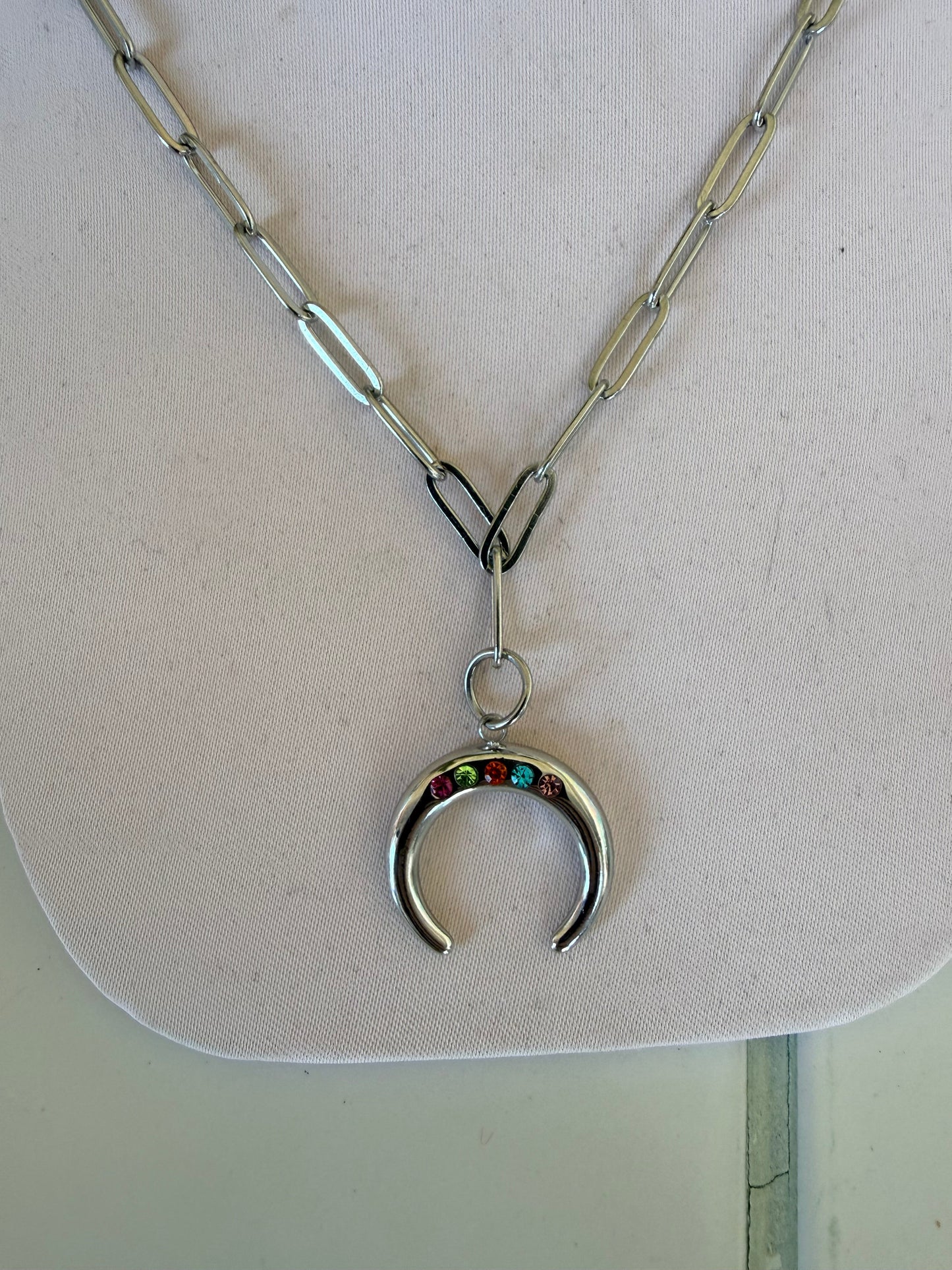 Rainbow Gem Crescent Charm Necklace