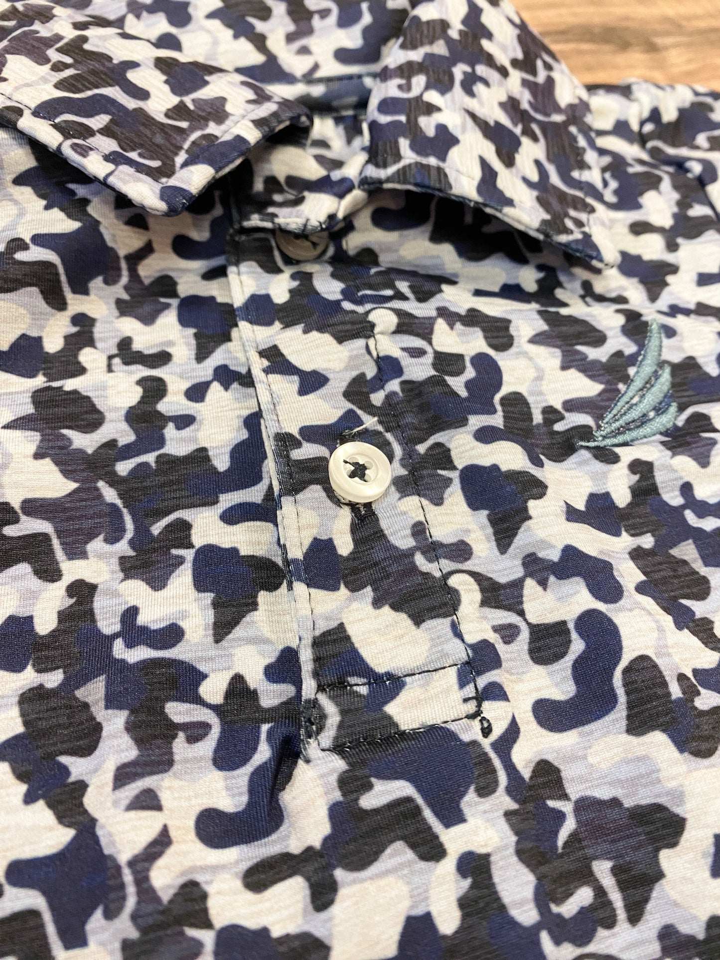 Performance Blue Camo Baby Romper β Long Sleeve Collared One-Piece