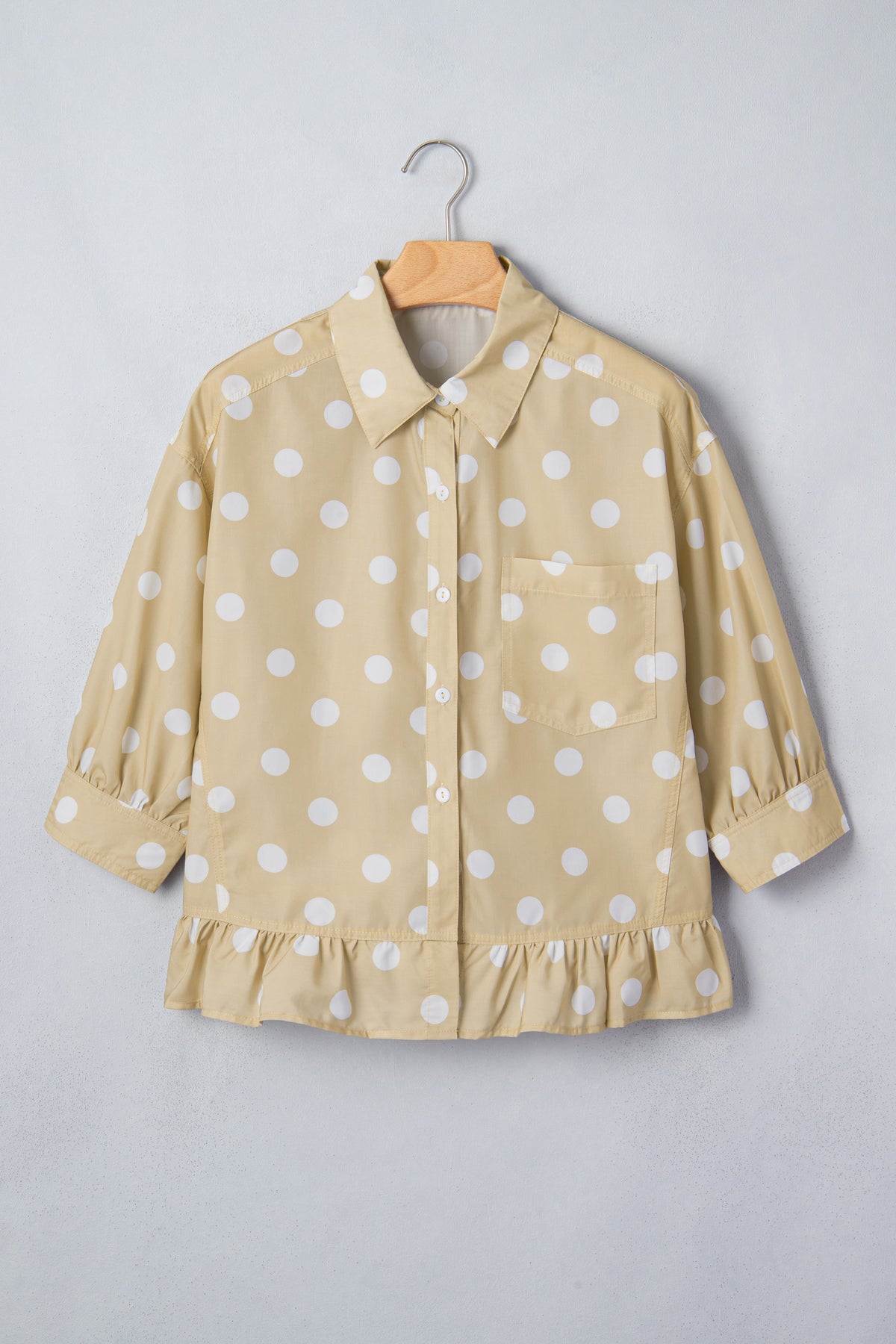Polka Dot Print Three Quarter Sleeve Ruffle Hem Shirt