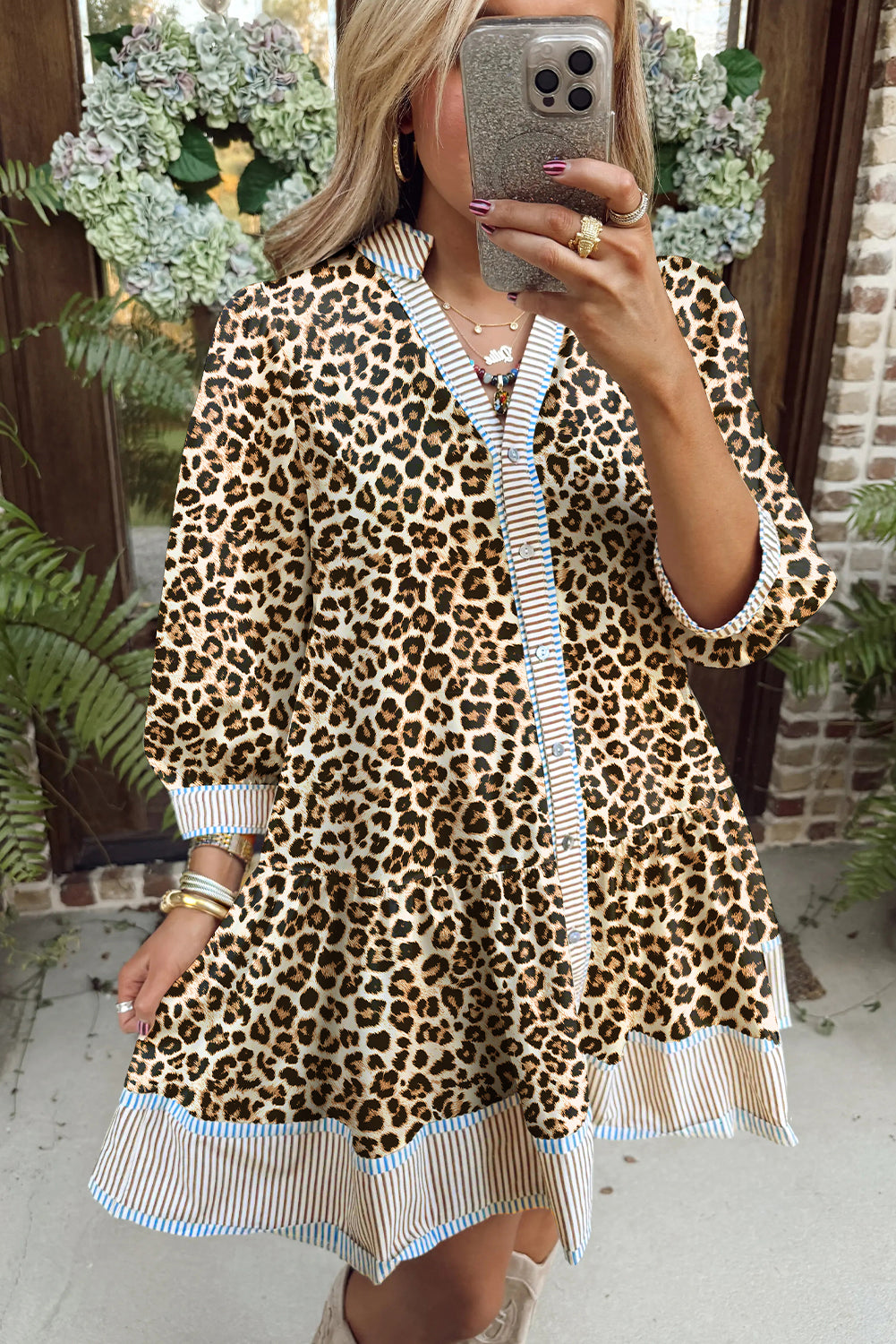 Khaki Leopard Stripe-Trim Mini Dress