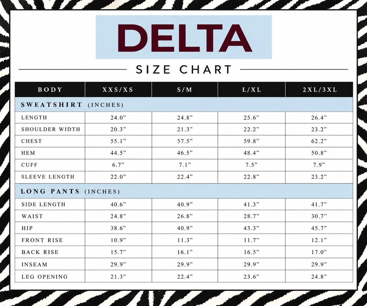 Official Delta T size chart showing sweatshirt and pant garment measurements in inches