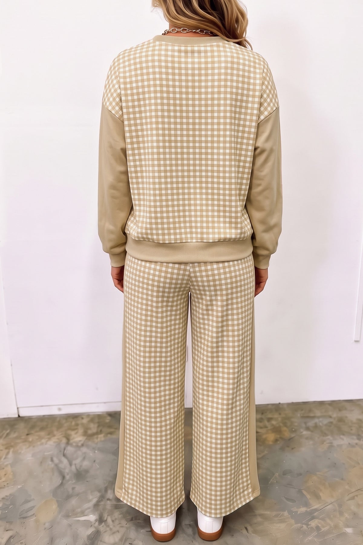 Red Color Block Plaid Patchwork Long Sleeve Pullover Wide Leg Pant Set