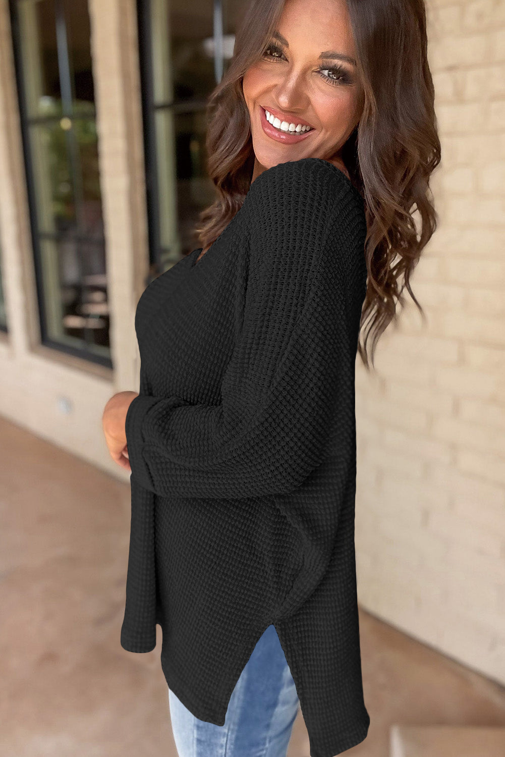 Waffle Knit Side Slits Loose Fit V Neck Top