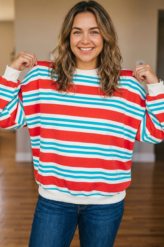 Striped Round-Neck Tunic Sweatshirt