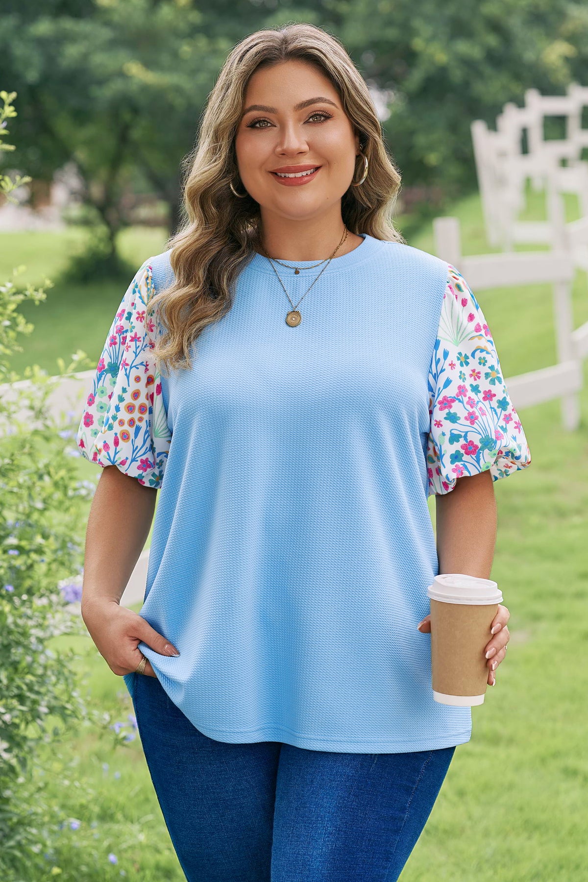 Floral-Sleeve Textured Top