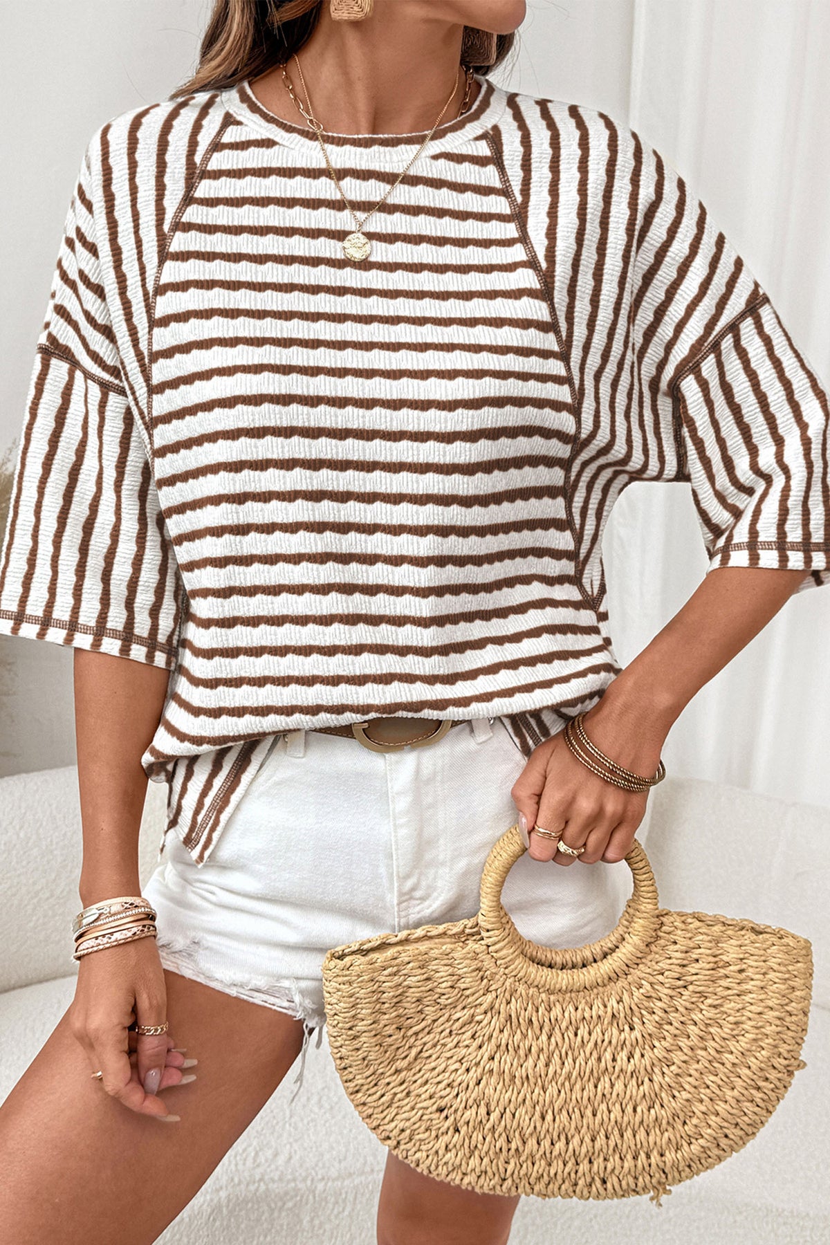 Textured Knit Split Hem Half Sleeve Loose Top