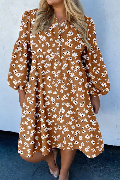 Khaki Daisy Floral Puff-Sleeve Dress