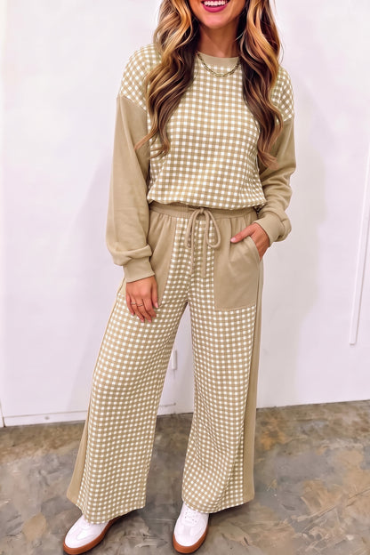 Red Color Block Plaid Patchwork Long Sleeve Pullover Wide Leg Pant Set