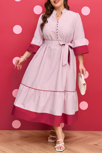 Red Stripe Ruffle-Hem Midi Dress