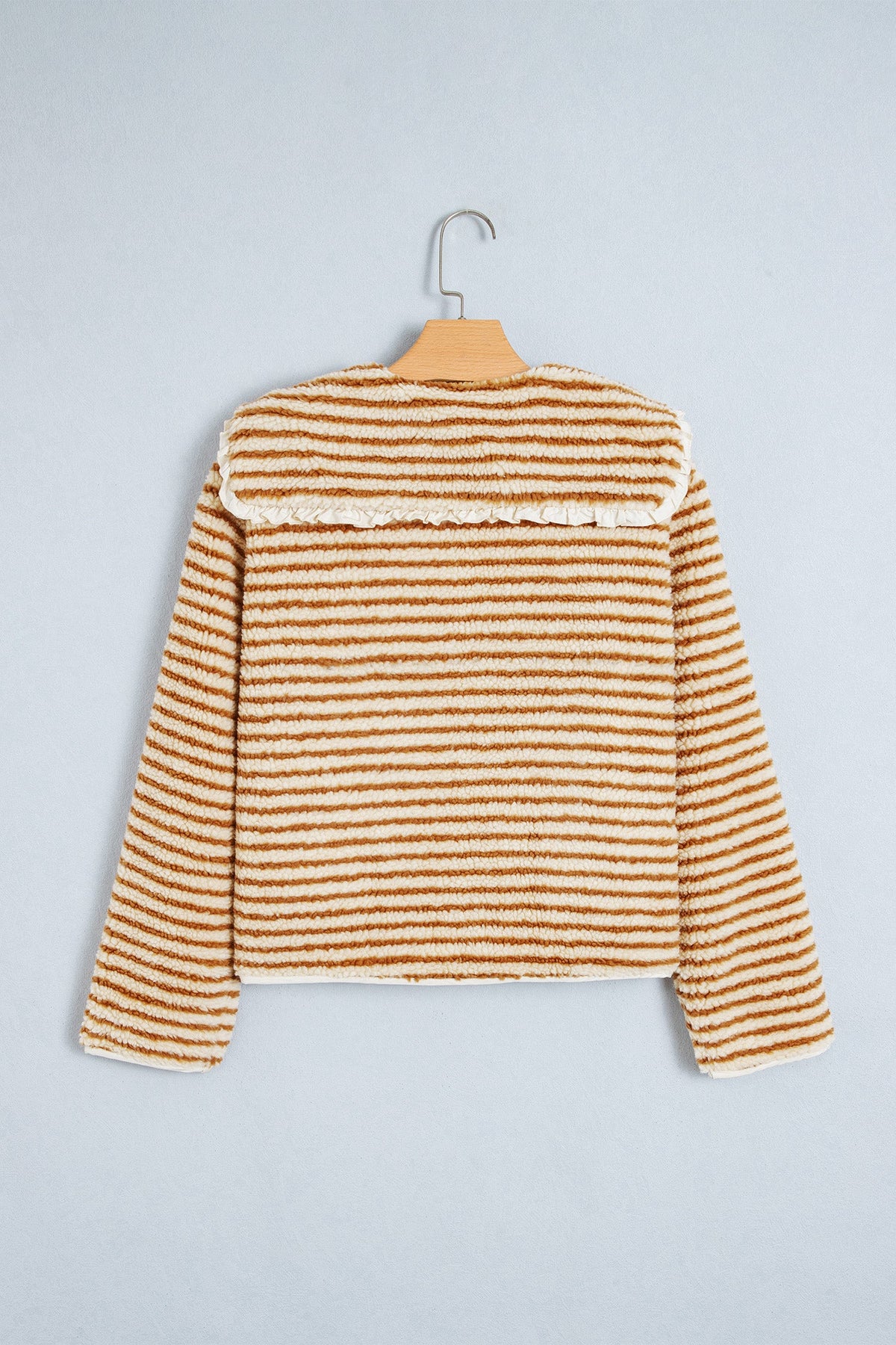 Brown Stripe Ruffle Collar Fleece Jacket