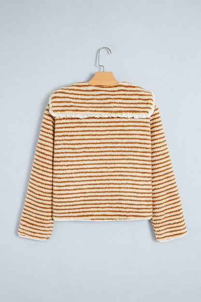 Brown Stripe Ruffle Collar Fleece Jacket