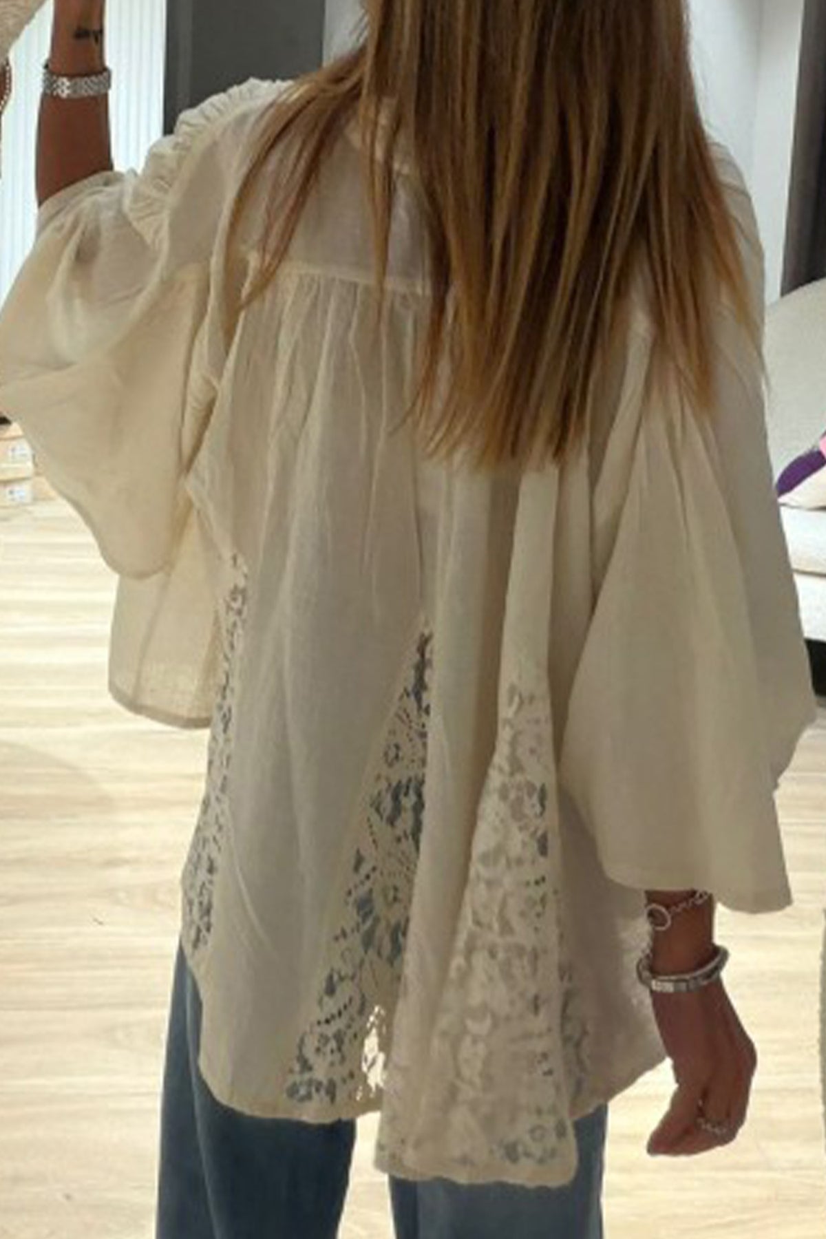 Sheer Lace Bracelet-Sleeve Shirt