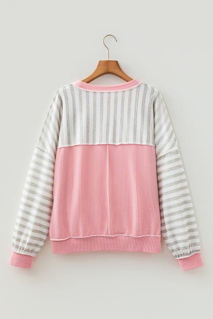 Pink Stripe Rib-Trim Long Sleeve Top