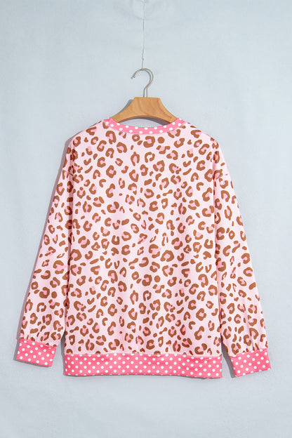 Leopard Polka Dot Colorblock Trim Long Sleeve Top