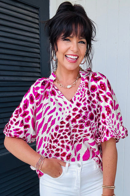 Leopard Puff-Sleeve V-Neck Blouse