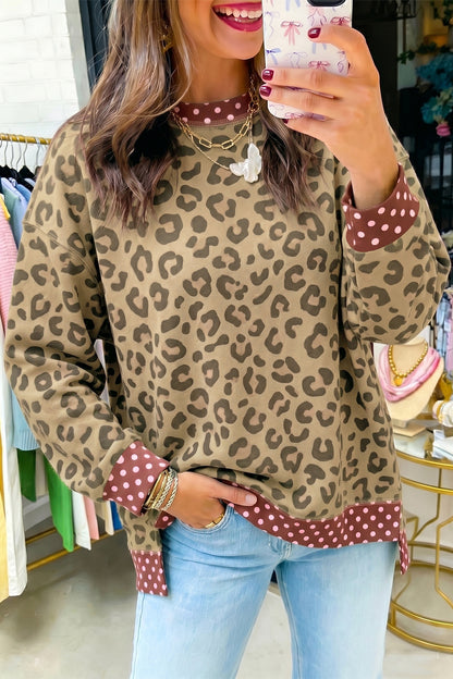 Leopard Polka Dot Colorblock Trim Long Sleeve Top