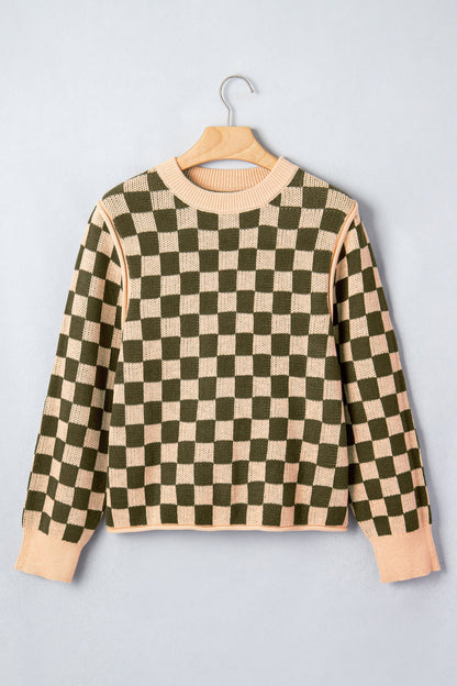 Checker Drop Shoulder Long Sleeve Knit Sweater