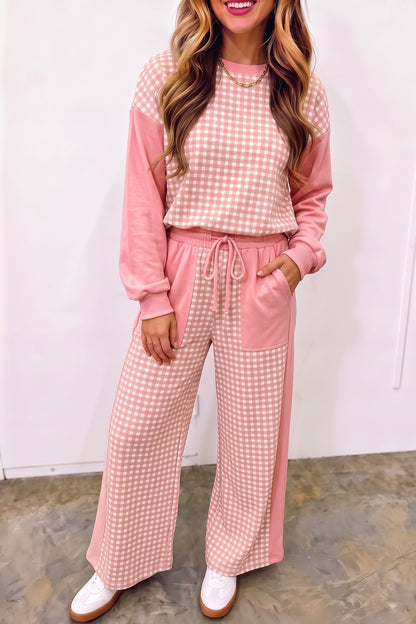 Red Color Block Plaid Patchwork Long Sleeve Pullover Wide Leg Pant Set