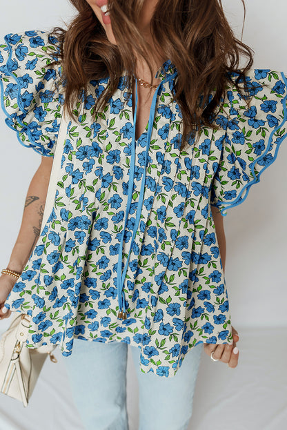 Tiered Floral Flutter-Sleeve Blouse