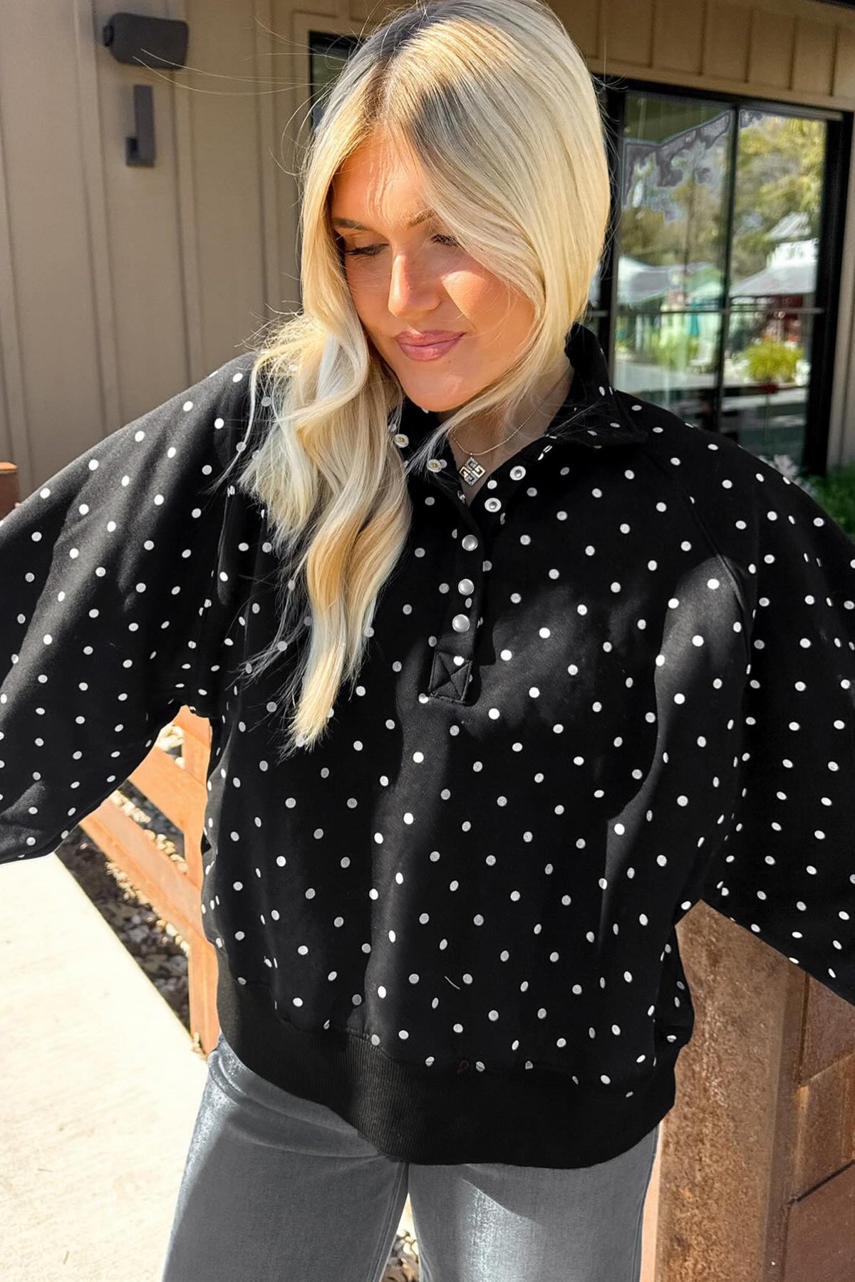 Polka Dot Button Collar Sweatshirt
