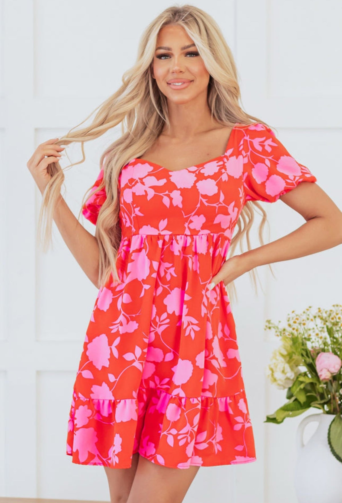 Red Floral Ruffled Mini Dress