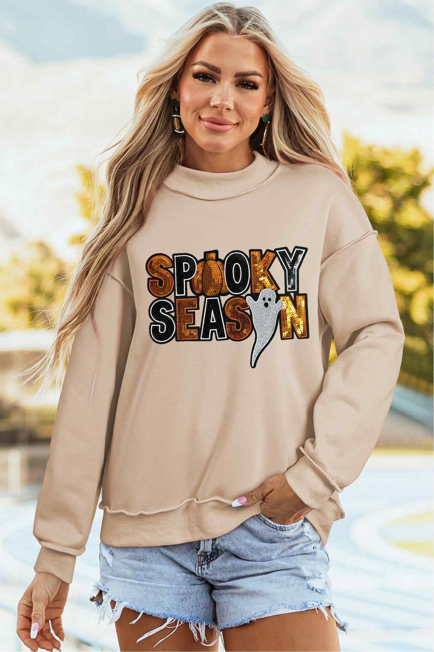 Spooky Season Sequin Mock Neck Sweatshirt
