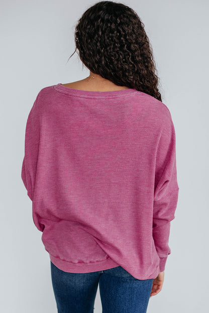 Waffle Knit Patchwork Long Sleeve Loose Top