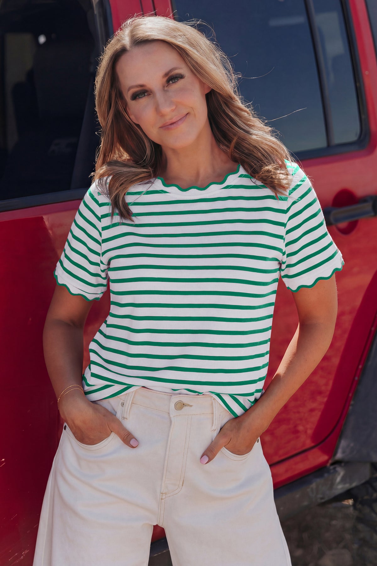 Scalloped Trim Round Neck T Shirt