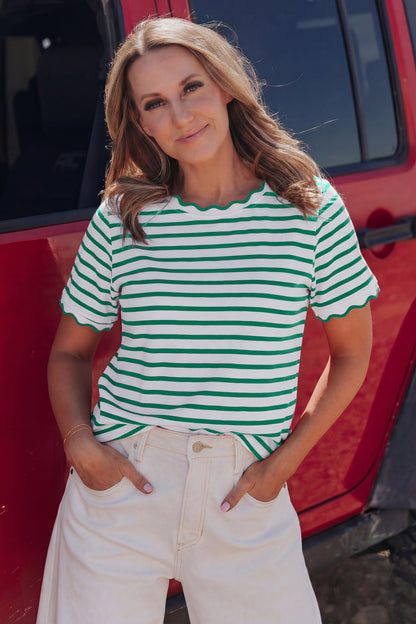 Scalloped Trim Round Neck T Shirt