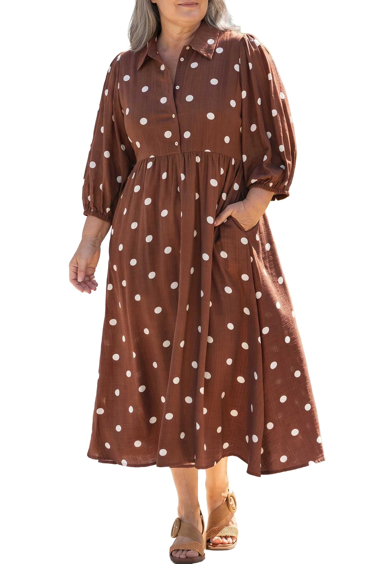 Brown Polka Dot Pocket Midi Dress