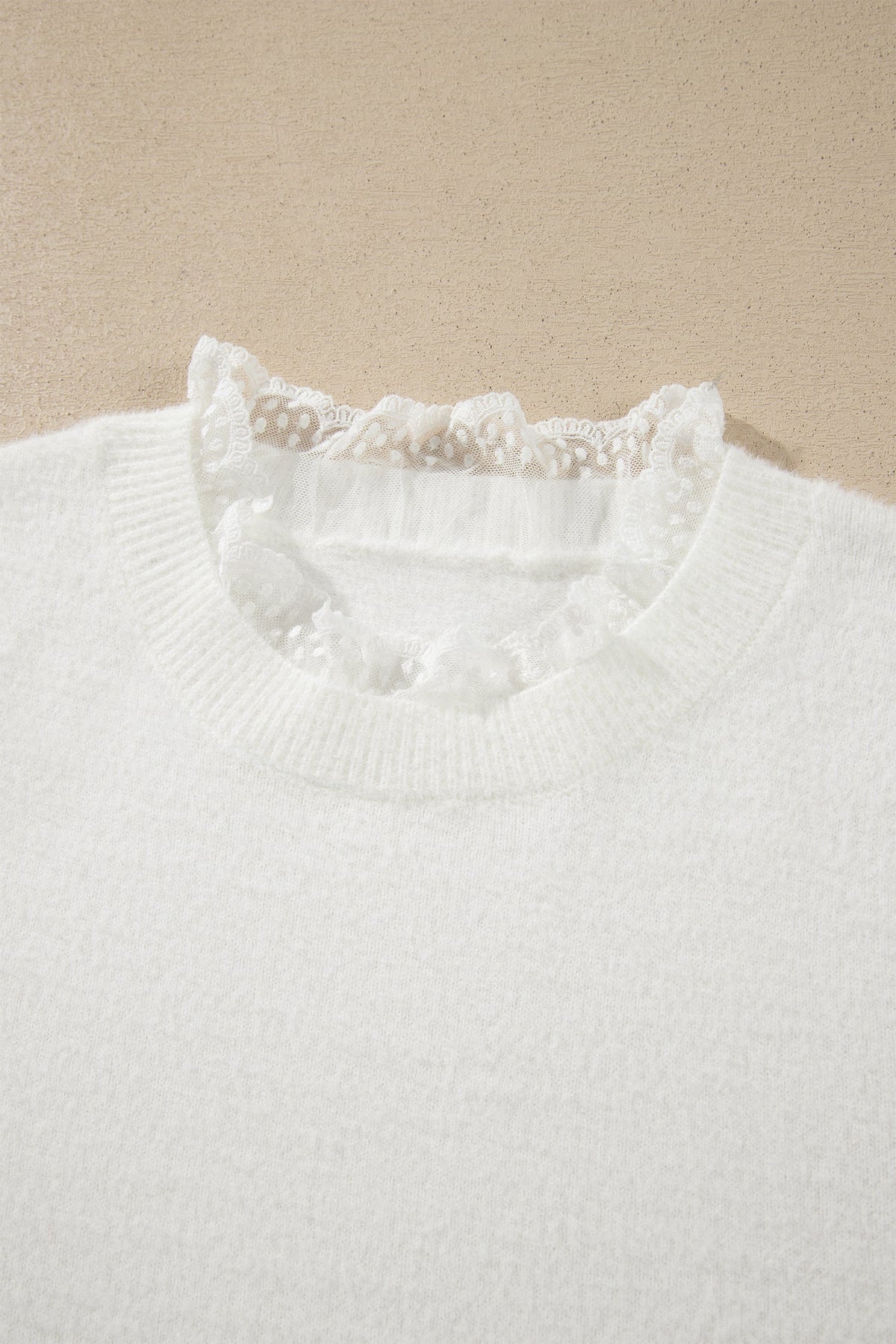 Solid Lace Trim Crewneck Long Sleeve Sweater