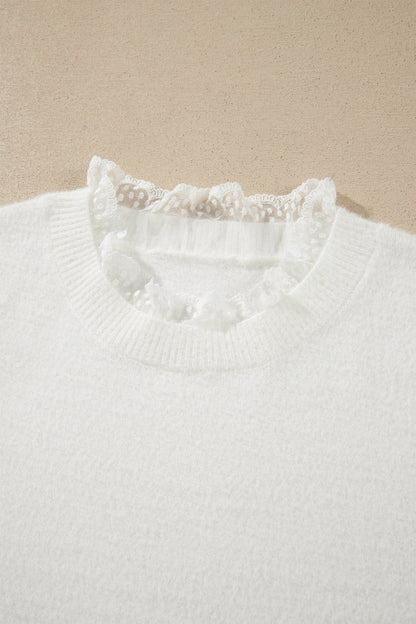 Solid Lace Trim Crewneck Long Sleeve Sweater