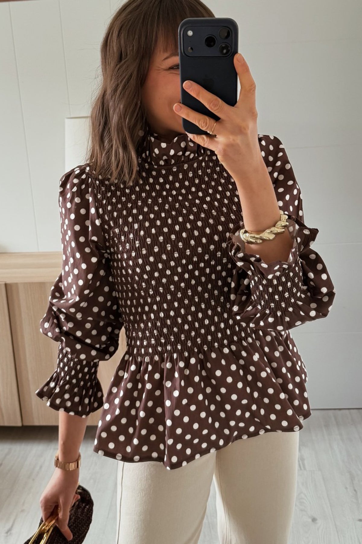 Polka Dot Ruffle-Neck Blouse