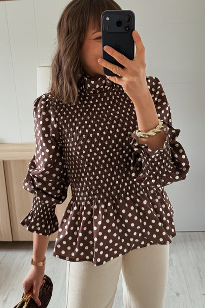 Polka Dot Ruffle-Neck Blouse