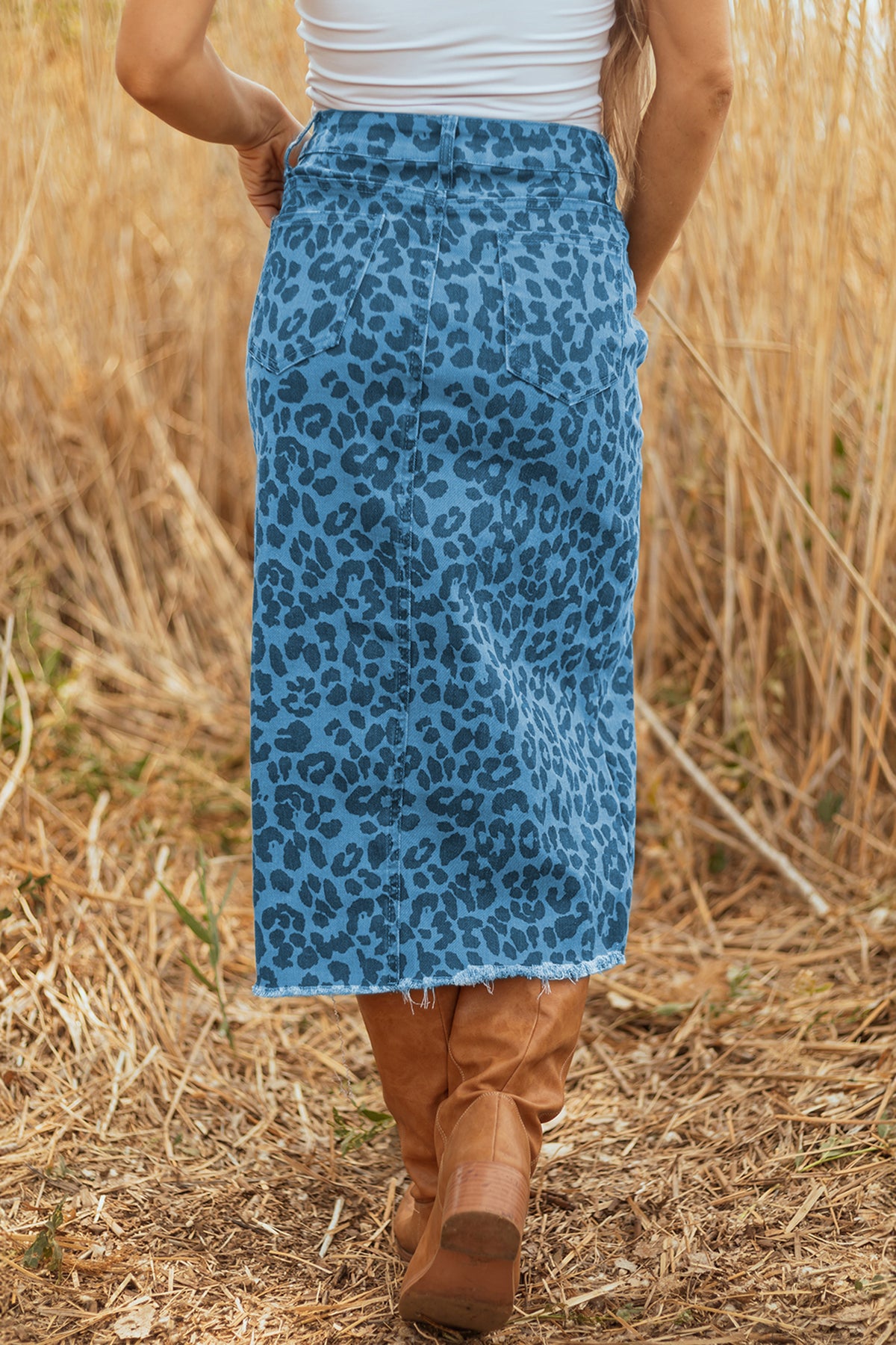 Leopard Denim Midi Skirt