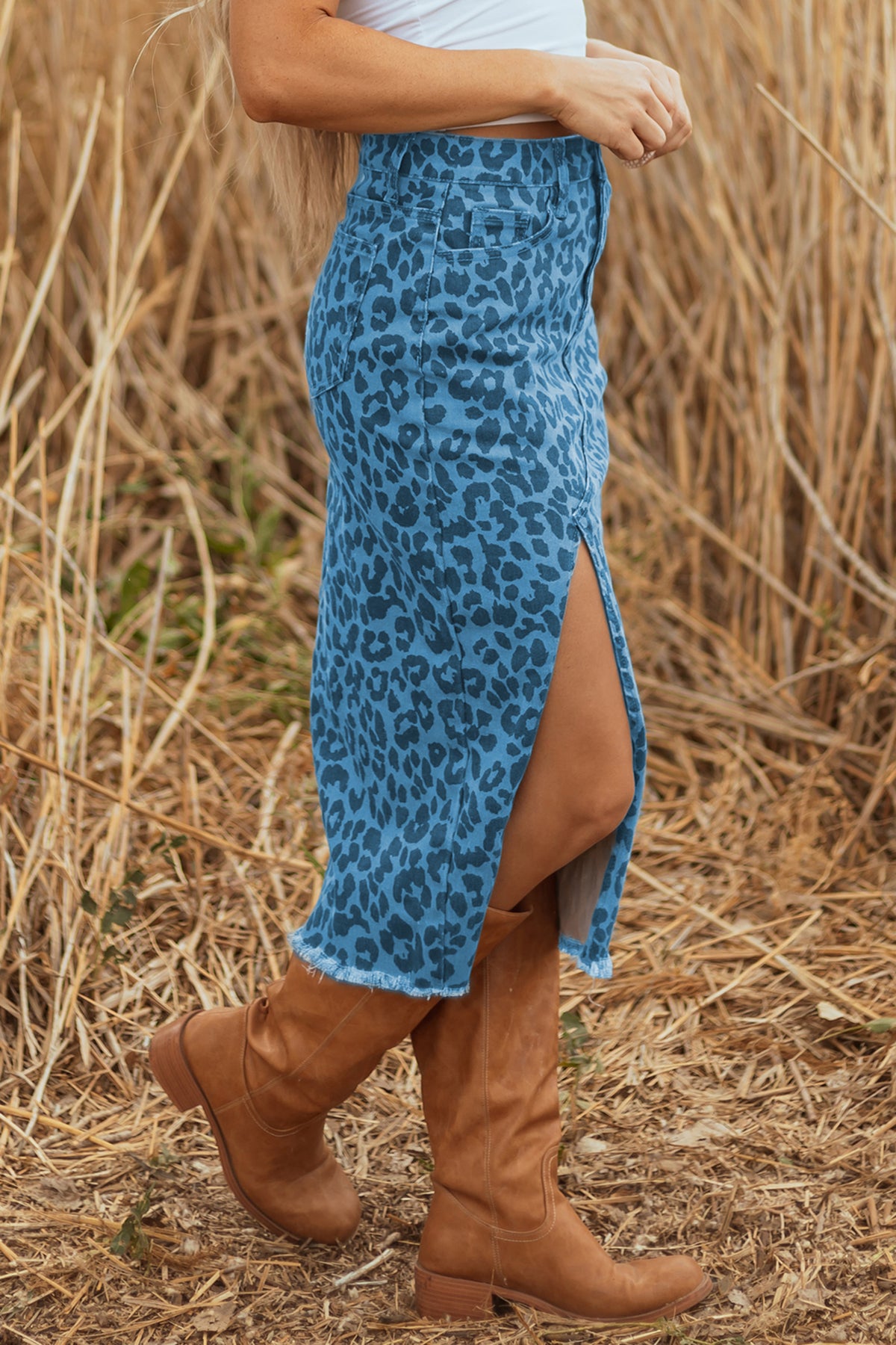 Leopard Denim Midi Skirt