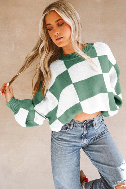 Cedar Checkered Bishop Sleeve Sweater