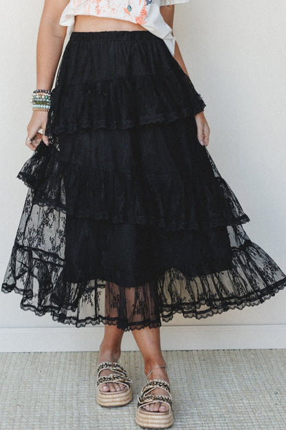 Black Ruffled Lace Midi Skirt